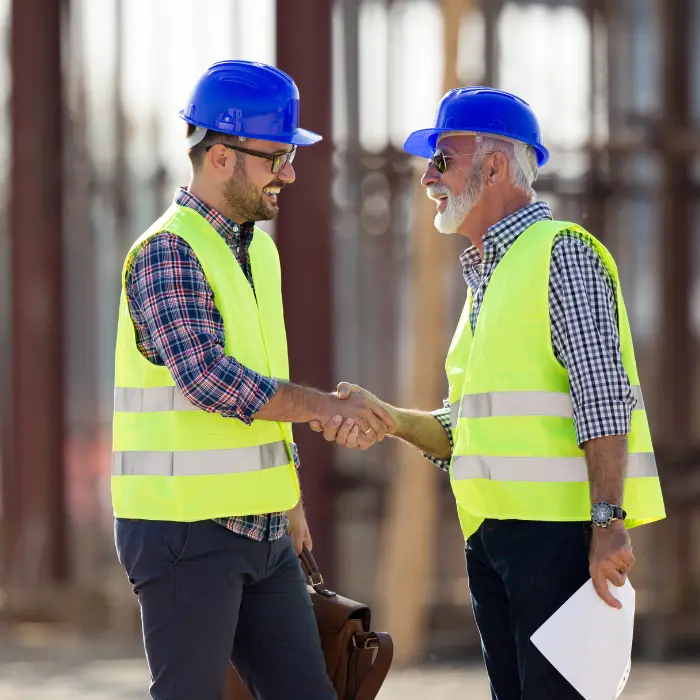 Construction workers shaking hands