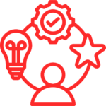 Cartoon icon light bulb, check badge, star and person